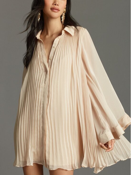 Anthropologie Dresses & Skirts - Anthropologie Maeve Long-Sleeve Pleated Mini Shirt Dress Neutral Cream S